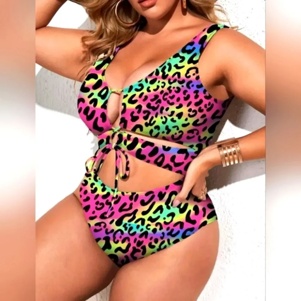 Colorful Leopard Print Women's One Piece Swimsuit Sz 4X